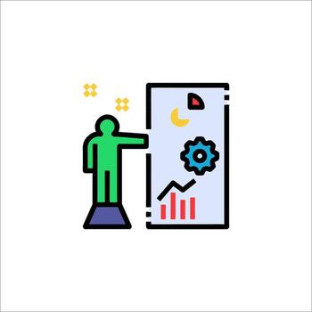 A man is pointing at a screen with a graph on it vector