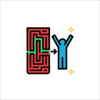 A man is standing in front of a maze with a red arrow pointing to the right vector