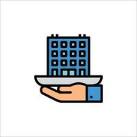 Hand holding a plate with a building icon vector