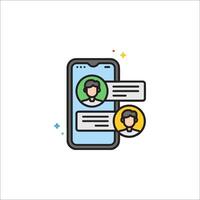 A phone with two people on it, one of them is holding a chat vector