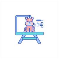 A dog sitting on a table with scissors and a mirror vector
