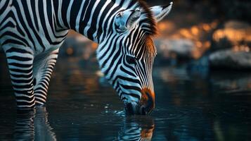 Zebra is drinking water from a river. The water is calm and clear, and the zebra is focused on drinking. The scene is peaceful and serene, with the zebra being the main focus of the image photo