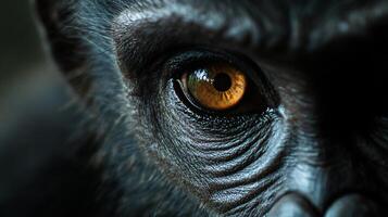 Close up of a monkey's eye with a yellow iris. The eye is surrounded by a dark fur photo