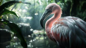 Pink flamingo is standing in a pond. The image has a serene and peaceful mood, as the flamingo is surrounded by nature and the water photo