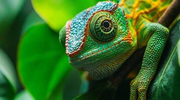 Green and yellow lizard is sitting on a leaf. The lizard has a green head and a yellow stripe on its back photo