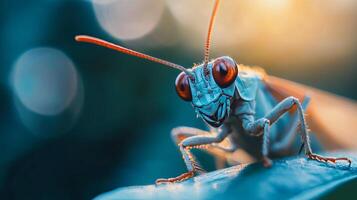 Bug with red eyes is on a leaf. The bug is looking at the camera photo