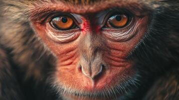 Close up of a monkey's face with red paint on its nose. The monkey's eyes are open and staring at the camera photo