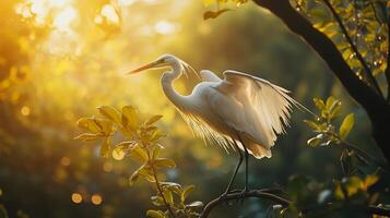 White bird with a long neck is perched on a tree branch. The bird is standing in the sunlight, and the leaves of the tree are casting shadows on the ground. The scene is peaceful and serene photo