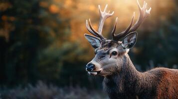 Deer is standing in a forest with its antlers showing. The deer is looking straight ahead, and its fur is wet. Scene is calm and peaceful, as the deer seems to be enjoying its natural habitat photo
