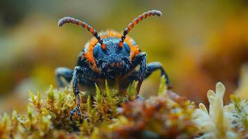 Bug with red and black markings on its face is looking at the camera. The image has a moody and mysterious feel to it, as the bug seems to be staring directly at the viewer photo