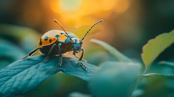 Ladybug is standing on a leaf. The leaf is green and the sun is shining on it photo