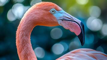 Flamingo with a pink head and a pink beak. The flamingo is standing in front of a blurry background photo