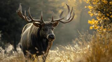 Large deer with antlers is walking through a field of tall grass. Concept of freedom and wildness, as the deer roams through its natural habitat photo