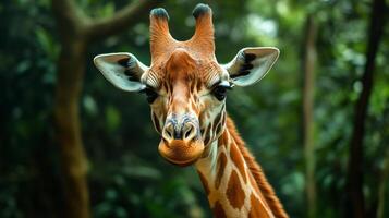Giraffe is looking at the camera with its mouth open. The giraffe is in a forest with trees and bushes photo