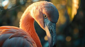 Flamingo is standing in the sun with its head turned to the side. The bird's head is the main focus of the image, and it is looking away from the camera photo