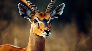 Deer with a large horn on its head. The deer is looking straight ahead. The image has a natural and peaceful feel to it photo