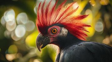 Bird with a red head and black body. The bird is looking at the camera. The bird is in a green forest photo