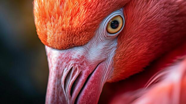 Close up of a flamingo's face with its eyes open. The flamingo is red and white in color photo