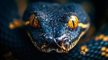Close up of a black and yellow snake with yellow eyes. The snake has a black head and a black body photo