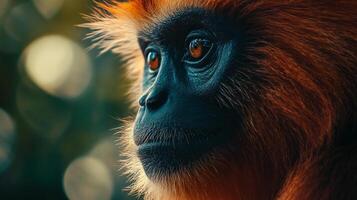Monkey with a black face and red fur. The monkey has a black nose and a black mouth photo