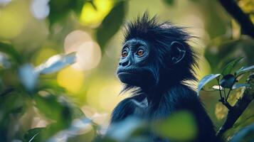 Baby monkey is sitting on a tree branch. The monkey is looking at the camera. The image has a calm and peaceful mood photo