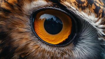 The eye of a bird is shown in detail, with the iris being the most prominent feature. The eye is surrounded by feathers, giving it a sense of depth and texture. Scene is one of curiosity and wonder photo
