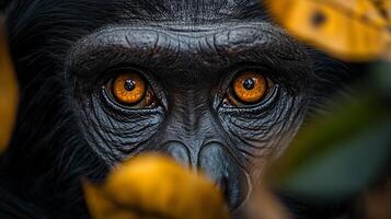 Close up of a monkey's face with its eyes open and yellow. The eyes are large and bright, and the monkey's face is surrounded by leaves photo