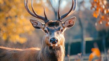 Deer with brown antlers is standing in a field of autumn leaves. The deer has a serious expression on its face, and its antlers are spread wide. Concept of calm and tranquility photo