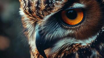 Close up of an owl's eye with a blue tint. The eye is large and has a yellow iris. The owl's face is surrounded by a dark background photo