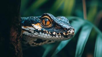 Snake is looking at the camera with its mouth open. The snake is black and yellow. The snake is in a green leafy area photo