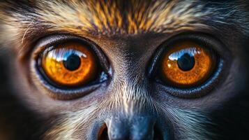 Close up of a monkey's face with its eyes open and looking at the camera. The eyes are bright orange and the fur is brown photo