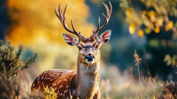 Deer with antlers is standing in a field of tall grass. The deer is looking directly at the camera, and its antlers are visible. The scene is peaceful and serene photo