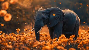 Large elephant is walking through a field of flowers. The elephant is surrounded by orange flowers, which create a warm and inviting atmosphere. The scene is peaceful and serene photo