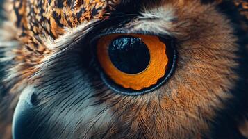 The eye of a bird is shown in a close up. The eye is large and has a bright orange color. The bird's eye is surrounded by a dark brown area, which gives it a dramatic and intense appearance photo