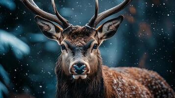 Deer with snow on its head and antlers. The deer is looking at the camera. The image has a mood of peacefulness and serenity photo