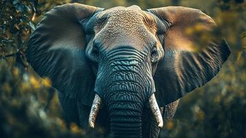 Large elephant with a trunk and tusks is standing in a forest. The elephant is looking at the camera, and the scene is peaceful and serene photo