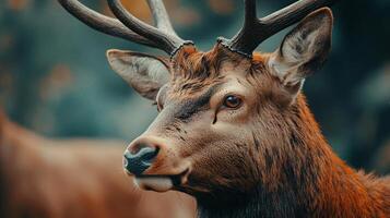 Deer with brown antlers is standing in a forest. The deer has a curious look on its face photo
