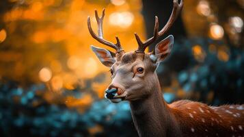 Deer with antlers is standing in a forest. The deer is brown and white with a brown head photo