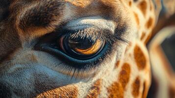 Giraffe's eye is shown in detail, with the iris and eyelashes visible. Concept of curiosity and wonder, as the viewer is drawn to the intricate features of the animal's face photo