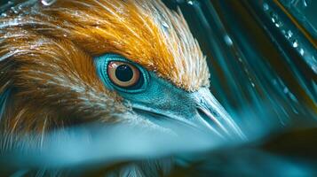 Bird with a blue eye and orange feathers. The bird is looking at the camera. The image has a moody and mysterious feel to it photo