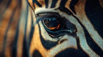 Zebra's eye is shown in a close up. The eye is surrounded by a pattern of black and white stripes. The eye is large and has a brownish tint to it photo
