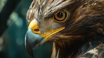 Close up of a bird's face with a yellow beak. The bird's eyes are open and staring at the camera photo