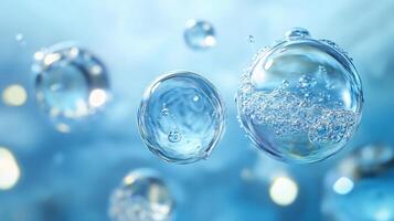 Series of small, clear bubbles floating in the air. The bubbles are scattered throughout the scene, with some closer to the foreground and others further in the background photo