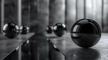 Series of black spheres are arranged in a row, with one of them being a large, shiny black ball. The image has a minimalist and modern feel, with the black spheres creating a sense of order photo