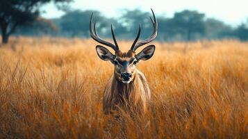 Deer is standing in tall grass with its head held high. Concept of freedom and strength, as the deer appears to be unafraid and confident in its surroundings photo