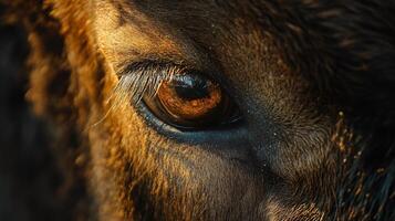 Close up of a dog's eye with a brownish tint. The eye is surrounded by fur and the light is shining on it, creating a warm and inviting atmosphere photo
