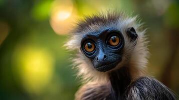 Monkey with a black face and brown fur is staring at the camera. The image has a bright and lively mood, with the monkey's bright eyes and the green background photo