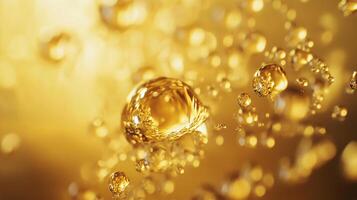 Close up of a gold colored liquid with many small droplets of water. The droplets are scattered throughout the liquid, creating a shimmering effect. Concept of luxury and elegance, as the gold color photo