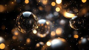 Close up of a bunch of shiny, metallic spheres. The spheres are scattered throughout the image, with some closer to the foreground and others further back. Scene is one of luxury and opulence photo
