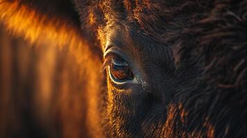 Close up of a cow's eye with a sun shining on it. The eye is brown and the sun is casting a warm glow on the cow's face photo